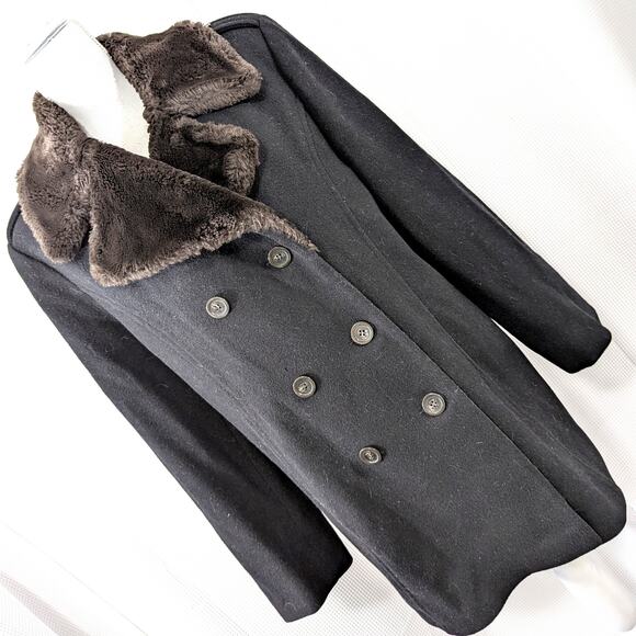 LARRY LEVINE! RICH BLACK DOUBLE BREASTED FAUX FUR COLLAR PEACOAT, JACKET! SZ 12 - Picture 1 of 10